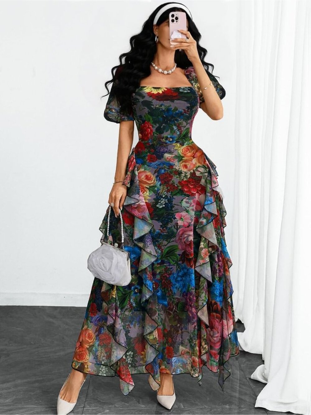 Women's Multicolor Square Neck Puff Sleeve Ruffle Stretch Mesh Fabric Dresses - Picture 5 of 7